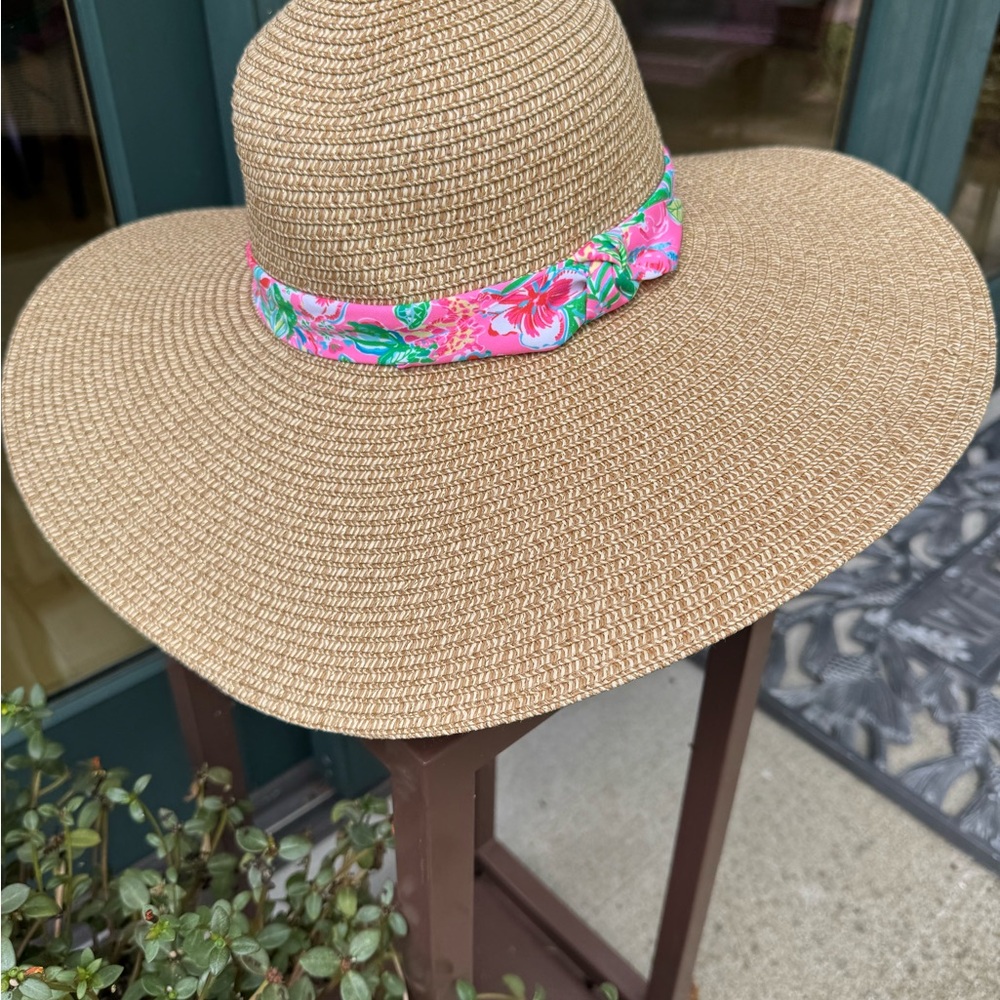 Lilly Pulitzer Tan Straw Hat with Pink Floral Band